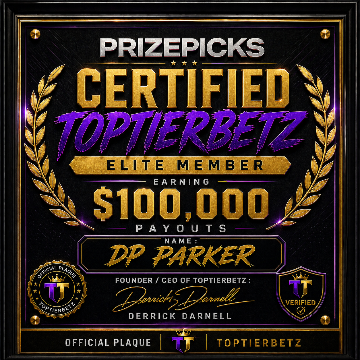 DP Parker certified plaque — $100,000 payout
