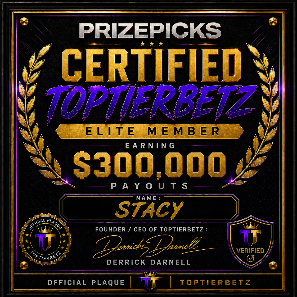 Stacy certified plaque — $300,000 payout